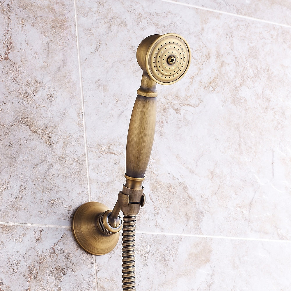 Antique Brass Wall-Mount Tub Faucet, Single-Handle Bath Shower Mixer Tap with Handheld Shower