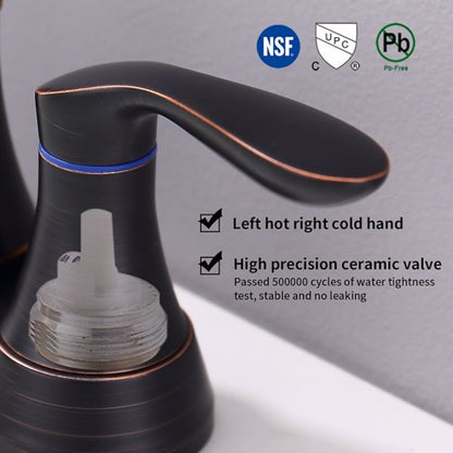 360-Degree Swivel High Arc Bathroom Faucet, 4-Inch Centerset Dual-Handle Vanity Faucet with Pop-Up Drain, Oil-Rubbed Bronze / Brushed Nickel