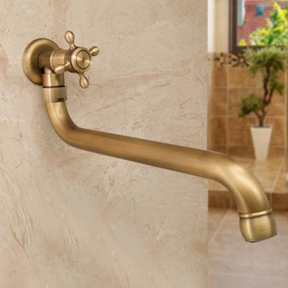 Antique Brass Vintage Wall-Mount Faucet, Single-Cold Single-Handle Faucet with Rotatable High-Arc Spout