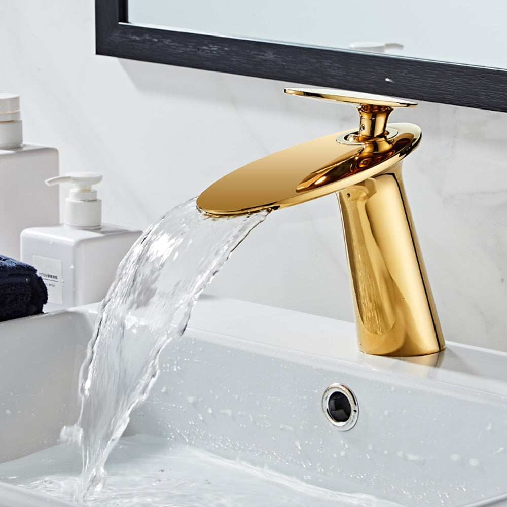 Polished Gold Modern Single-Hole Bathroom Faucet, Single-Handle Waterfall Spout Faucet