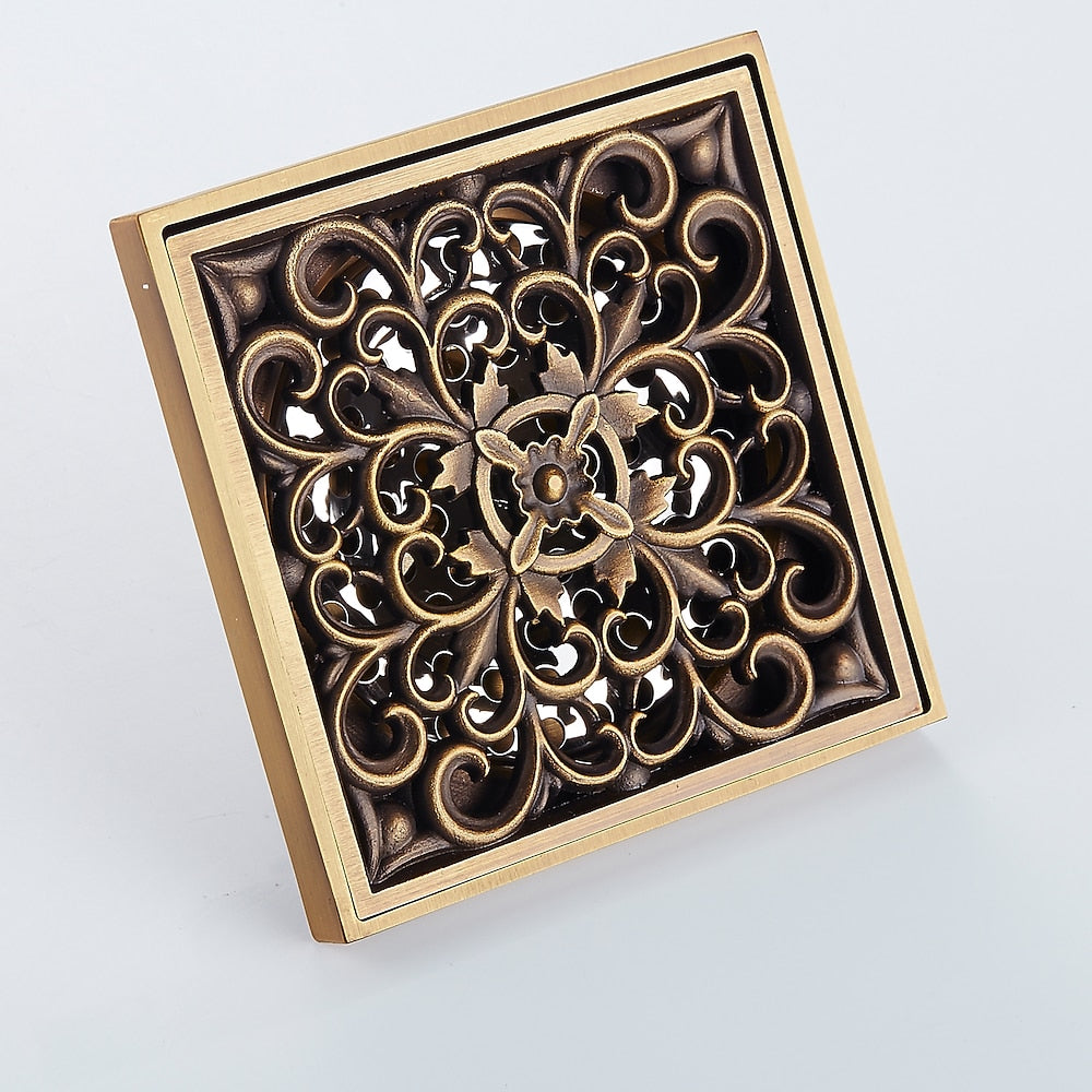 Antique Bronze Square Brass Floor Drain, Vintage Shower Drain Grate with Removable Carved Cover
