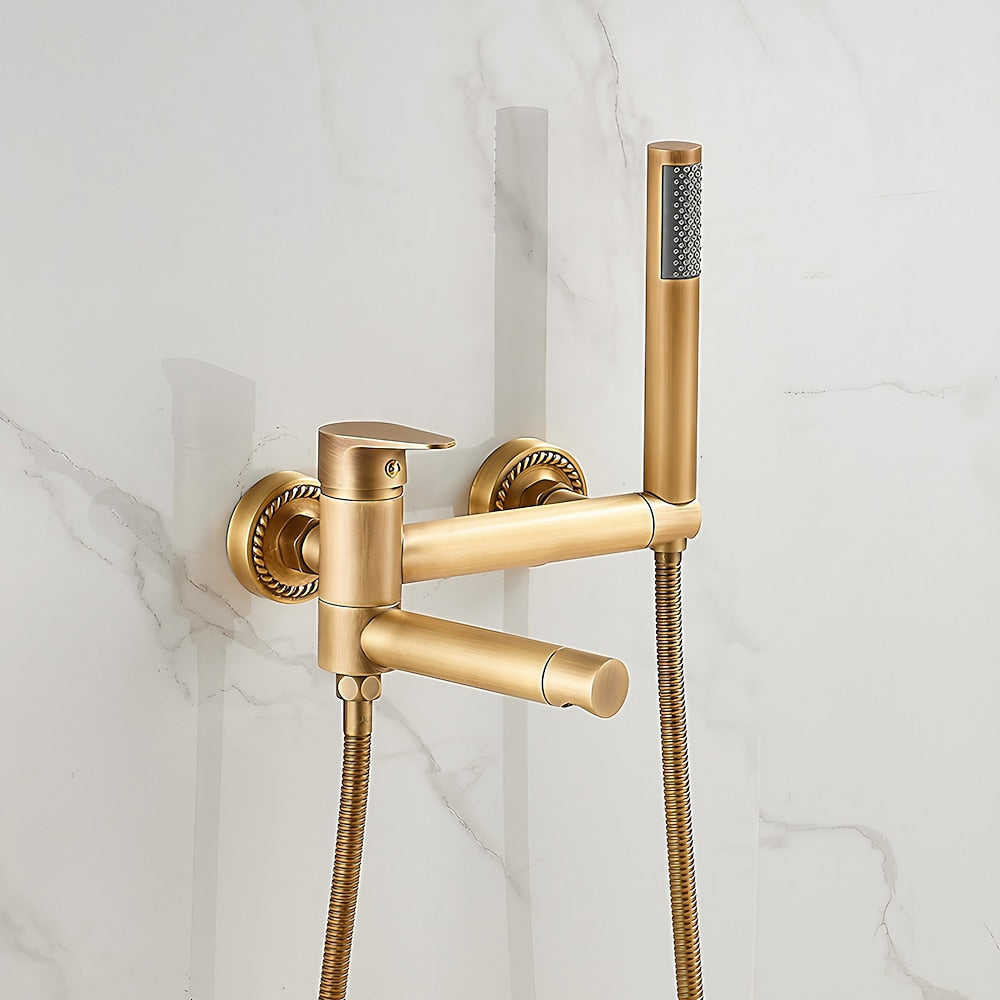 Wall-Mount Bathtub Faucet with Handheld Shower, Vintage Single-Handle Tub Filler, Antique Brass / Rustic Nickel