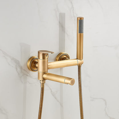 Wall-Mount Bathtub Faucet with Handheld Shower, Vintage Single-Handle Tub Filler, Antique Brass / Rustic Nickel