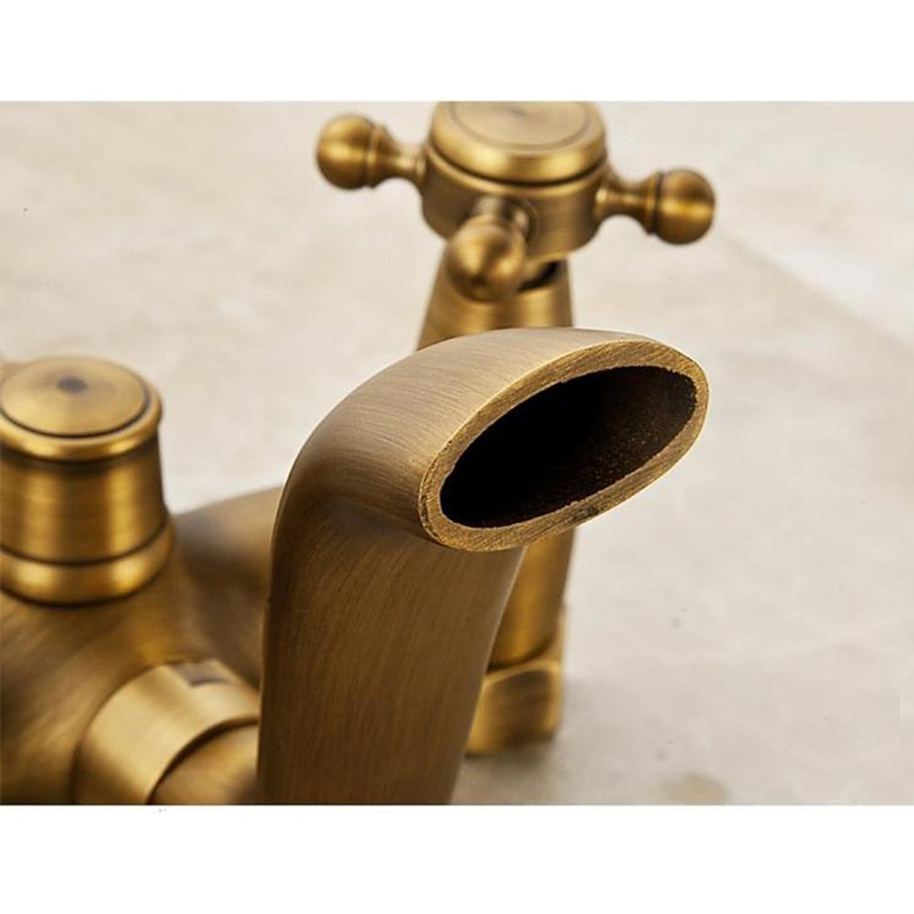 Vintage Brass Wall-Mount Tub Filler Faucet, Dual-Handle Tub Faucet with Handheld Shower, Antique Brass / Oil-Rubbed Bronze