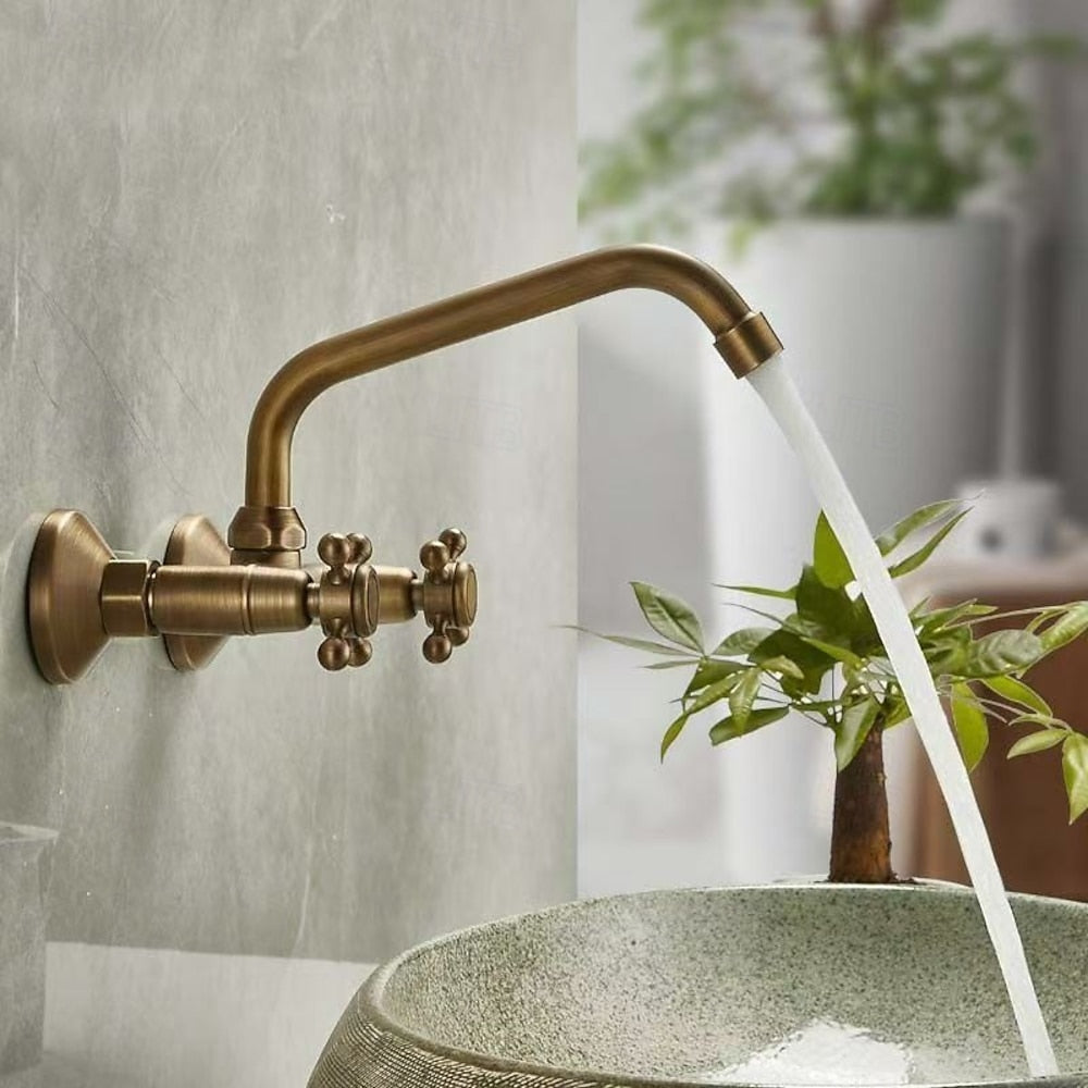 Antique Brass Traditional Wall-Mount Bathroom Faucet, Double Cross-Handle Swivel Spout Sink Faucet