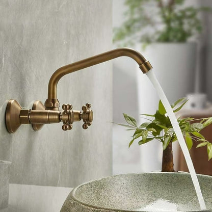 Antique Brass Traditional Wall-Mount Bathroom Faucet, Double Cross-Handle Swivel Spout Sink Faucet