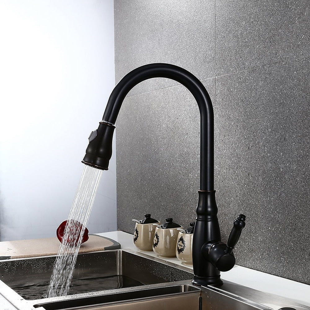 Oil-Rubbed Bronze Pull-Down Kitchen Faucet, Traditional Single-Handle Brass Faucet