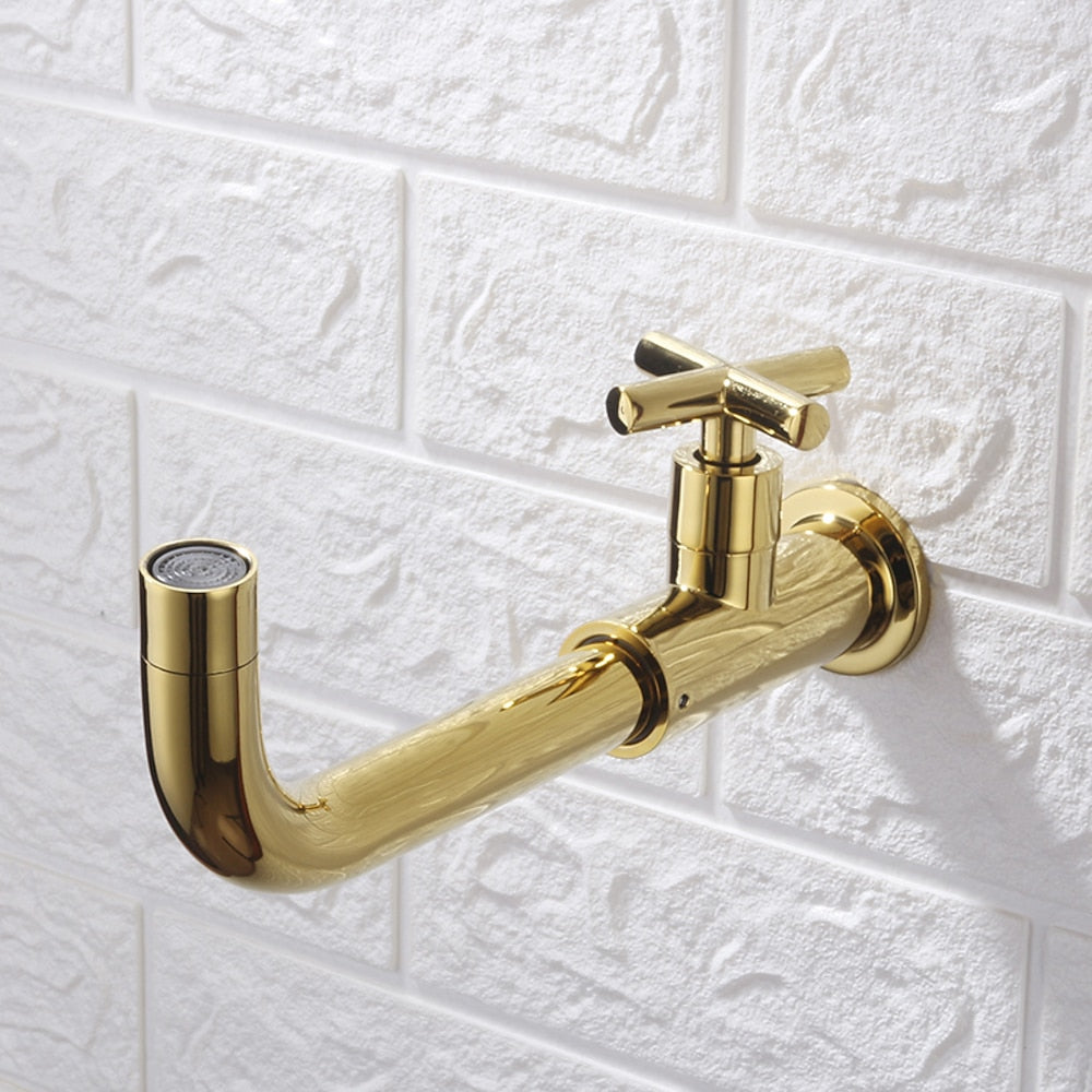 Industrial Wall-Mount Cold Water Bathroom Faucet, Single-Handle Rotatable Spout Tap, Brushed Gold / Chrome / Gunmetal