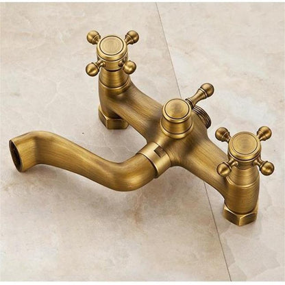 Vintage Brass Wall-Mount Tub Filler Faucet, Dual-Handle Tub Faucet with Handheld Shower, Antique Brass / Oil-Rubbed Bronze