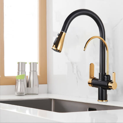 Modern 3-Way Pull-Down Kitchen Faucet, Dual-Handle Swivel Gooseneck Faucet, Gunmetal / Matte Black / Chrome / Matte White / Two-Tone / Antique Brass / Brushed Gold / Brushed Nickel