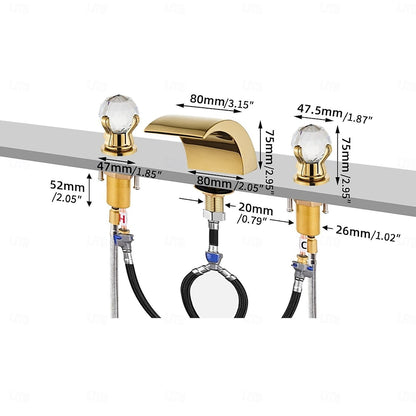 Polished Gold LED Waterfall Bathroom Faucet, Modern 3-Hole Widespread Double-Handle Faucet