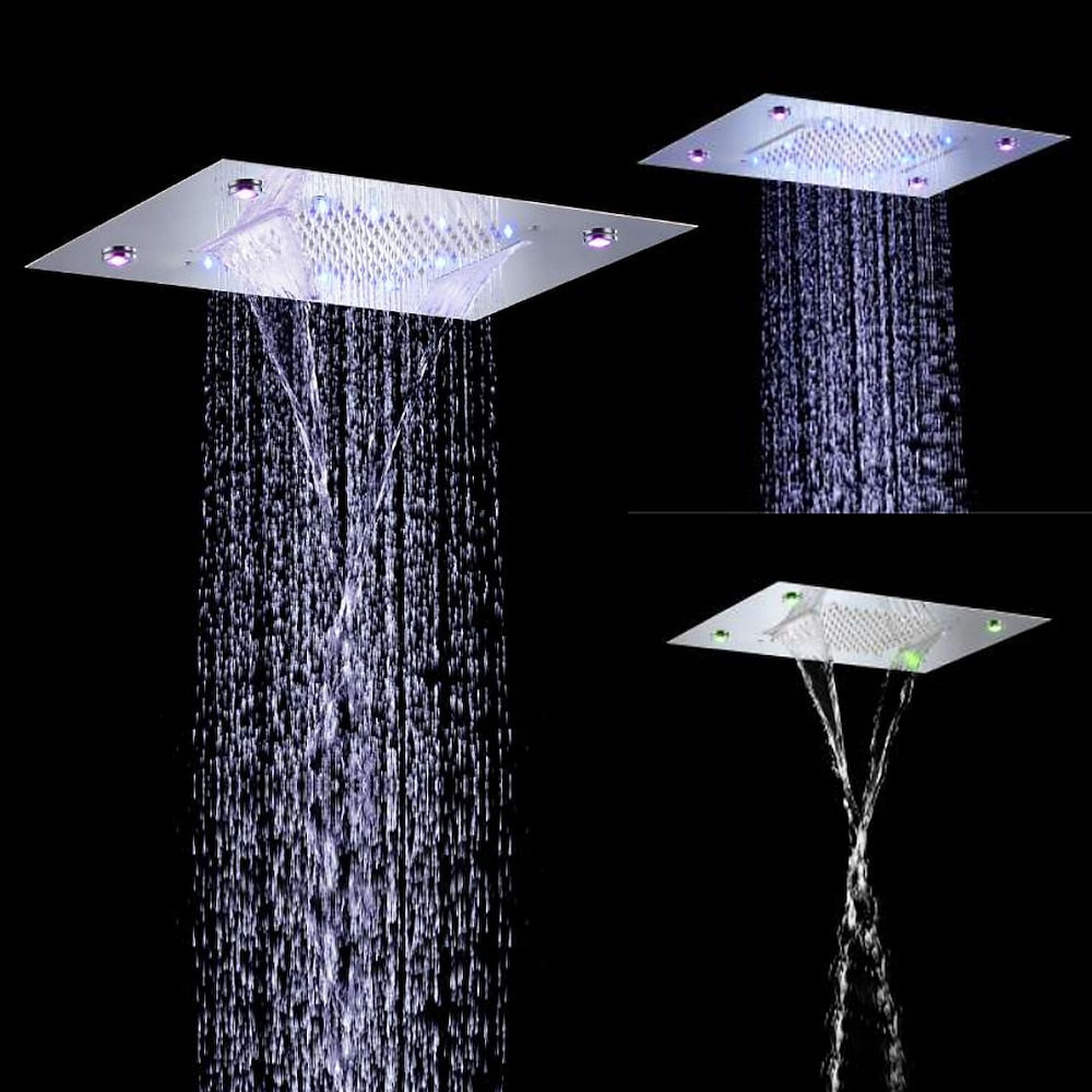 Modern LED Rainfall Waterfall Shower Head, Ceiling-Mounted Stainless Steel Chrome Shower Head with Bluetooth Speaker