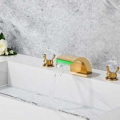 Polished Gold LED Waterfall Bathroom Faucet, Modern 3-Hole Widespread Double-Handle Faucet