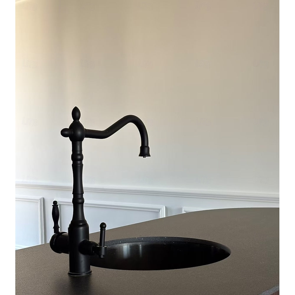 Traditional Brass 3-Way Purified Water Kitchen Faucet, Dual-Handle Swivel Spout Faucet, Antique Brass / Chrome / Matte Black / Polished Gold