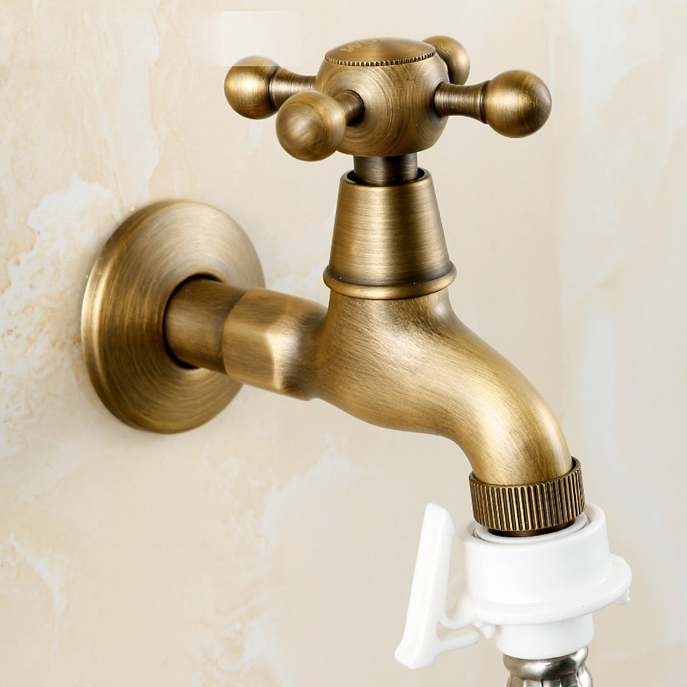 Antique Brass Retro Wall-Mount Outdoor Faucet, Single-Handle Brass Washing Machine Tap with Detachable Hose Connector