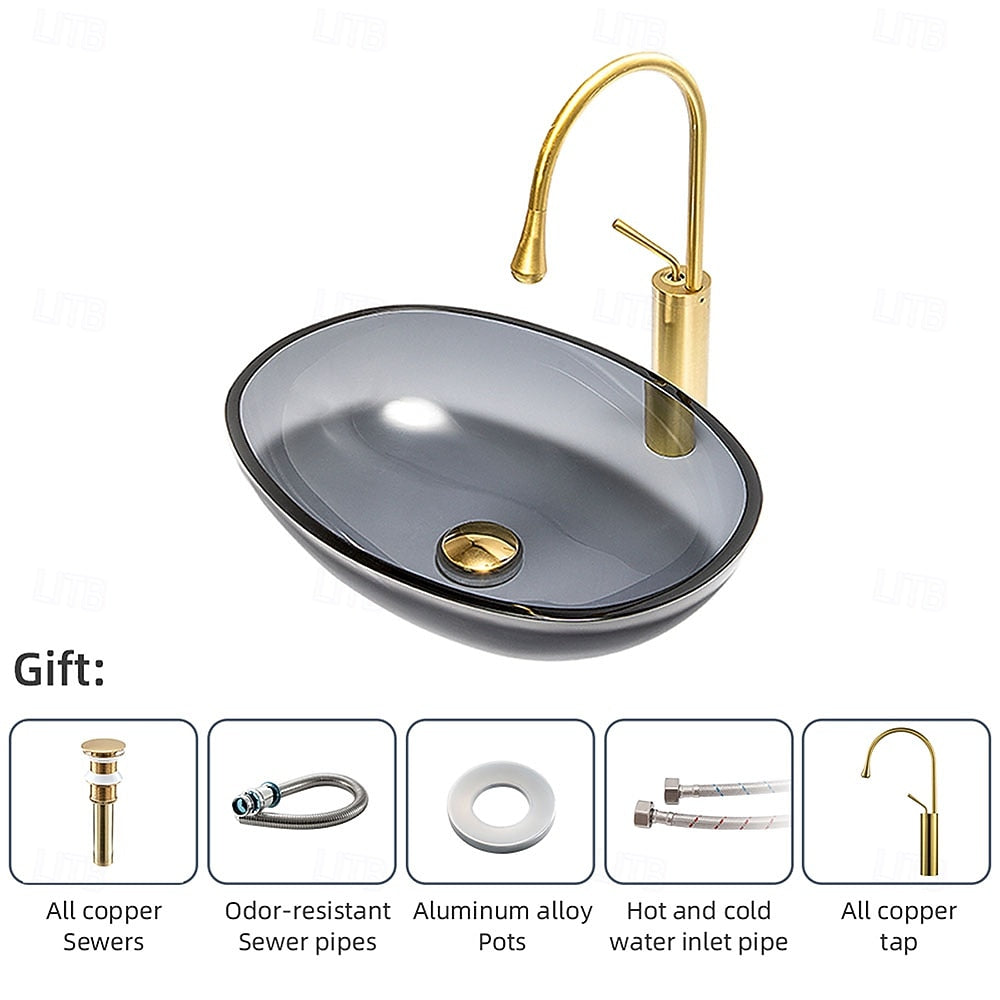 Modern Oval Tempered Glass Bathroom Vessel Sink, Faucet Combo, Above-Counter Basin with Brushed Gold Water Drop Faucet, Gray / Blue