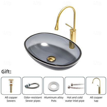 Modern Oval Tempered Glass Bathroom Vessel Sink, Faucet Combo, Above-Counter Basin with Brushed Gold Water Drop Faucet, Gray / Blue