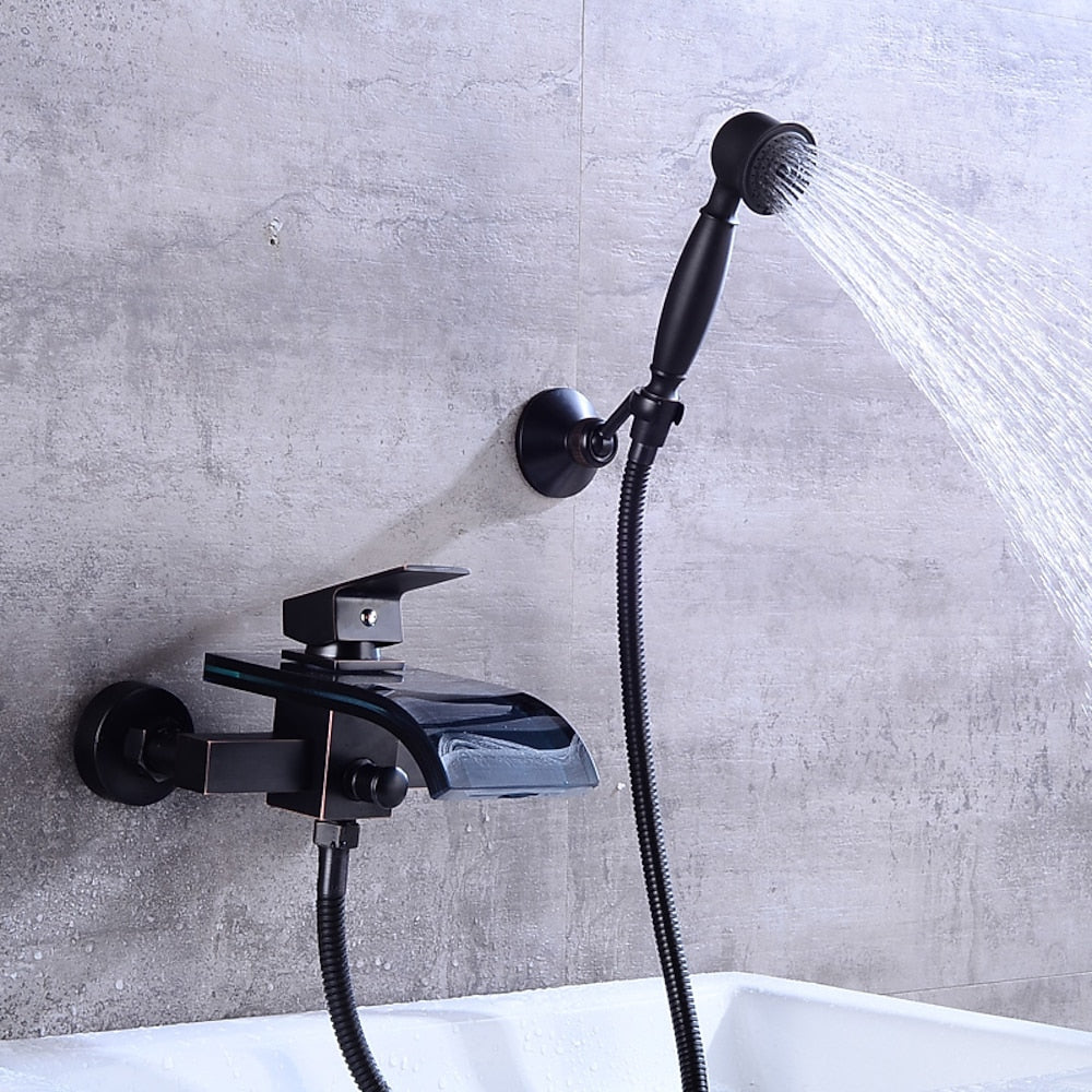 Waterfall Modern Wall-Mount Bathtub Faucet, Single-Handle Tub Filler Faucet with Handheld Shower, Oil-Rubbed Bronze / Chrome
