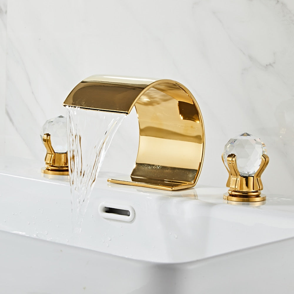 Waterfall Widespread Bathroom Faucet, 3-Hole Dual Crystal Knob Handle Faucet, Chrome / Matte Black / Polished Gold / Brushed Nickel