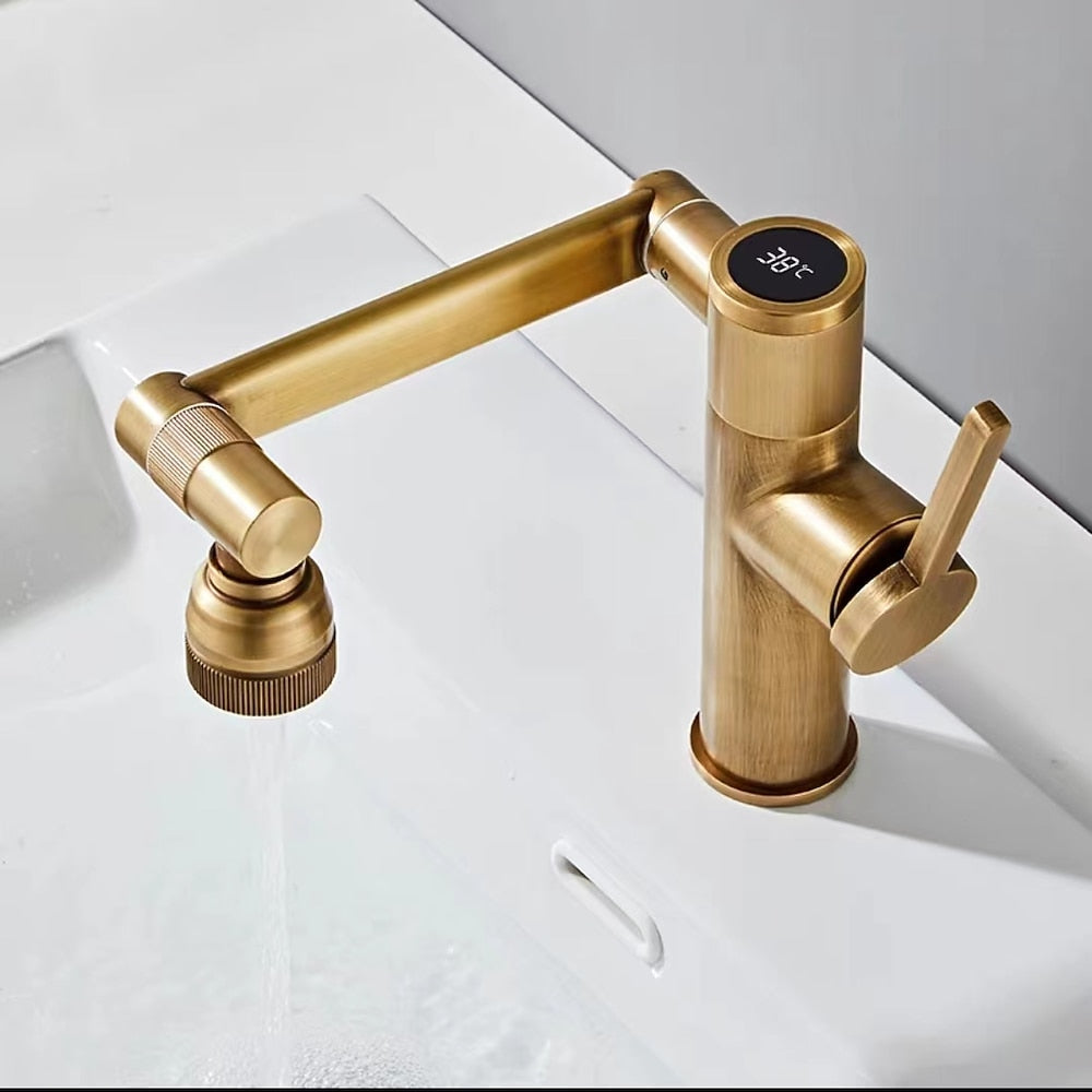 LED Temperature Display Bathroom Sink Faucet, Single-Handle Foldable Swivel Spout Faucet, Antique Brass / Gunmetal