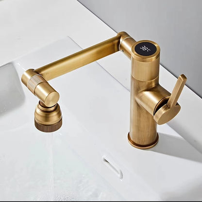 LED Temperature Display Bathroom Sink Faucet, Single-Handle Foldable Swivel Spout Faucet, Antique Brass / Gunmetal