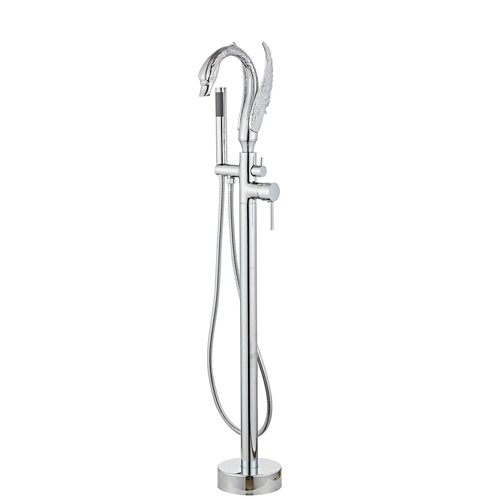 Swan-Design Freestanding Tub Filler Faucet, Single-Handle Bathroom Bathtub Faucet with Handheld Shower, Chrome / Polished Gold / Matte Black