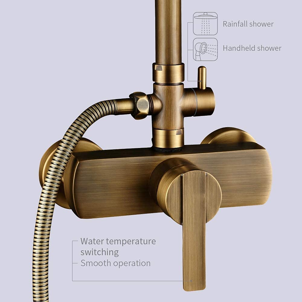 Antique Brass Wall-Mounted Shower System, Rainfall Shower System with Handheld Shower
