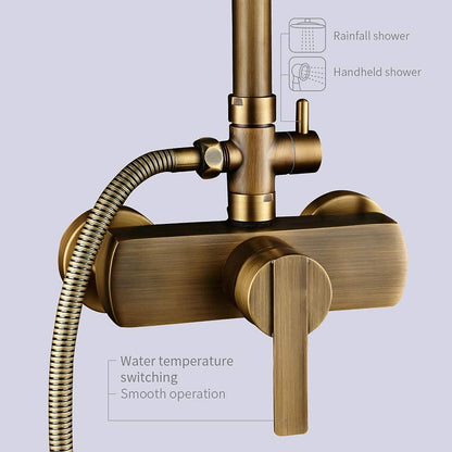 Antique Brass Wall-Mounted Shower System, Rainfall Shower System with Handheld Shower