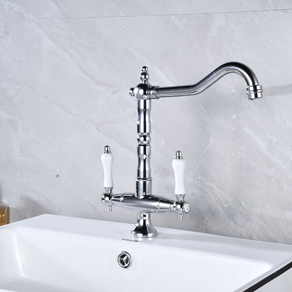 Antique Single-Hole Bathroom Faucet, Dual Ceramic Handle Swivel Spout Faucet, Antique Brass / Brushed Nickel / Chrome / Matte Black / Polished Gold