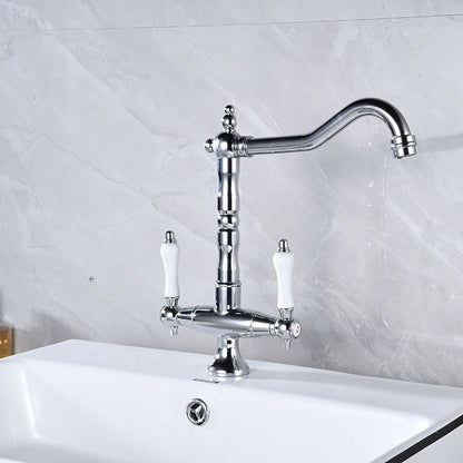 Antique Single-Hole Bathroom Faucet, Dual Ceramic Handle Swivel Spout Faucet, Antique Brass / Brushed Nickel / Chrome / Matte Black / Polished Gold