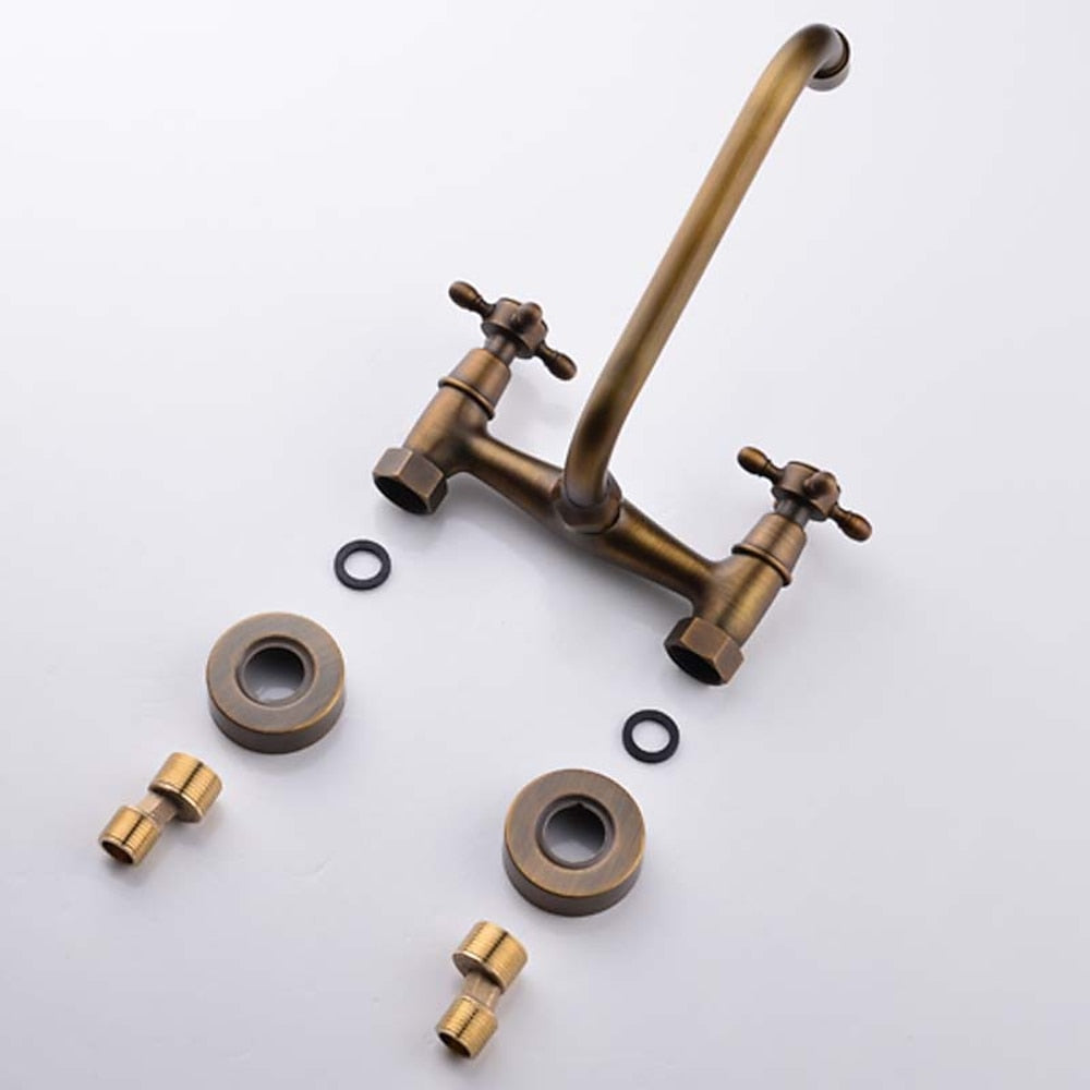 Retro Wall-Mount Antique Brass Bathroom Faucet, Double Cross Handle Swivel Spout Brass Utility Faucet