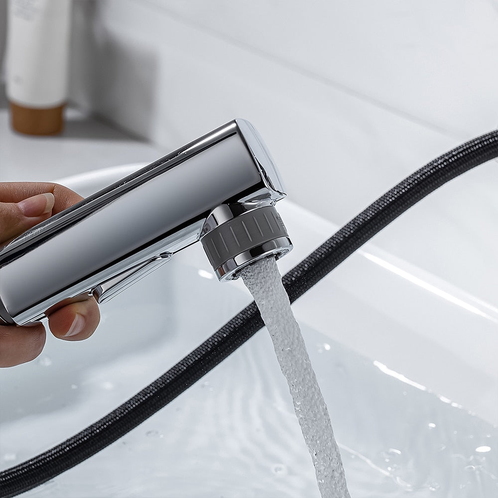 Pull-Out Single-Hole Brass Bathroom Faucet, Upward Fountain Spout Faucet, Chrome / Matte Black / Brushed Gold / Gunmetal