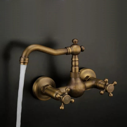 Antique Brass Wall-Mount Bathroom Faucet, Double Cross Handle Swivel Spout Faucet