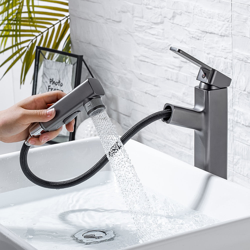 Pull-Out Single-Hole Brass Bathroom Faucet, Upward Fountain Spout Faucet, Chrome / Matte Black / Brushed Gold / Gunmetal