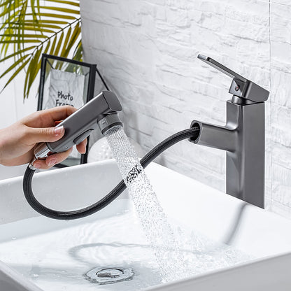 Pull-Out Single-Hole Brass Bathroom Faucet, Upward Fountain Spout Faucet, Chrome / Matte Black / Brushed Gold / Gunmetal