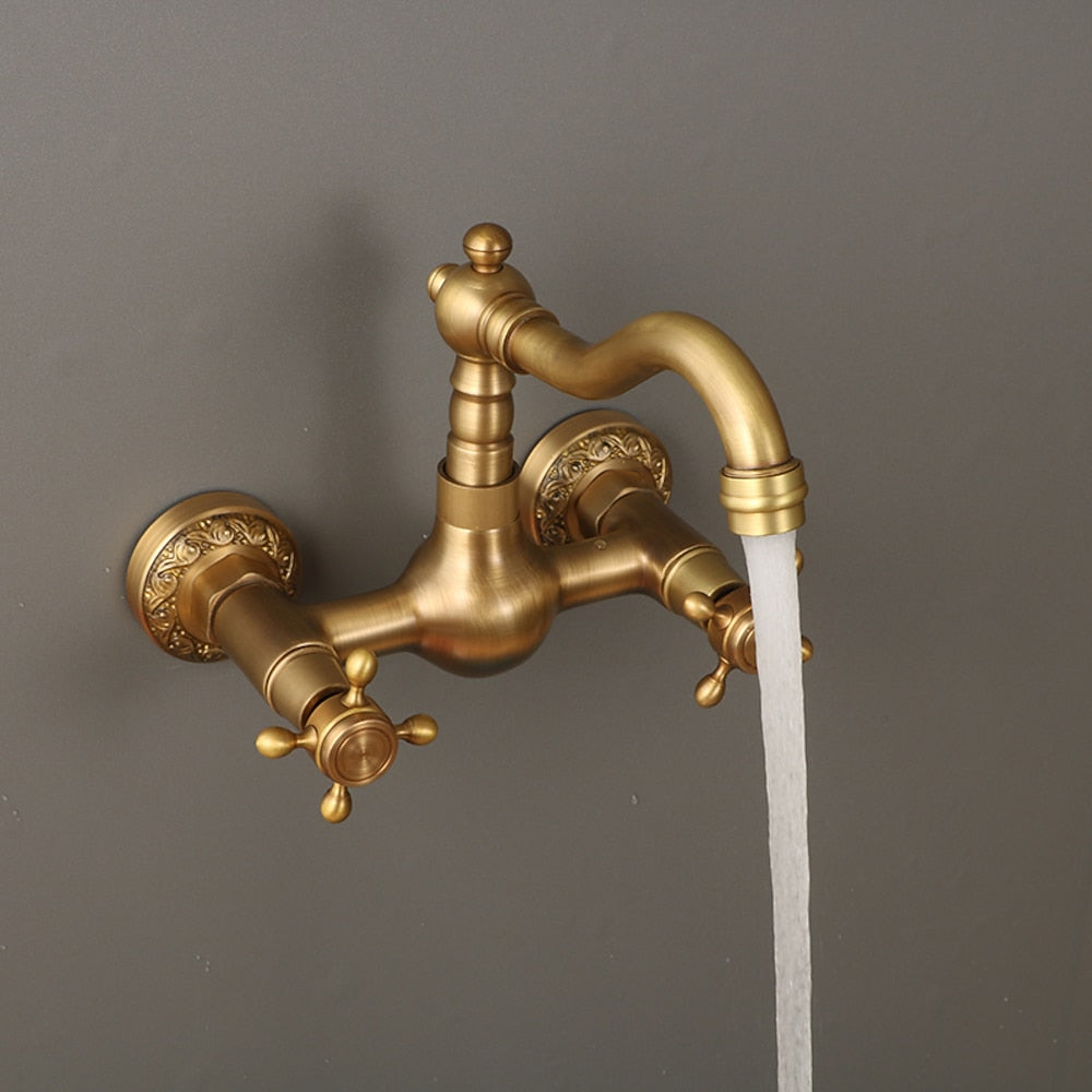Traditional Antique Brass Wall-Mount Kitchen Faucet, Dual Cross Handle Brass Faucet with Swivel Spout