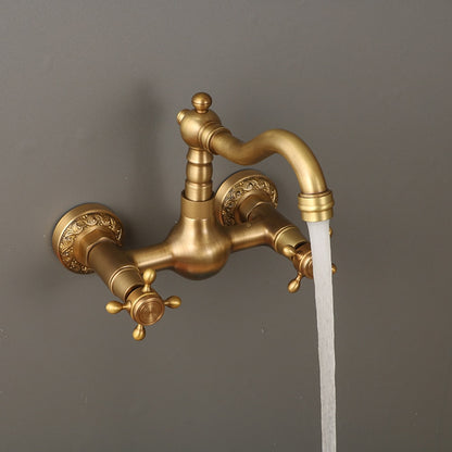 Traditional Antique Brass Wall-Mount Kitchen Faucet, Dual Cross Handle Brass Faucet with Swivel Spout