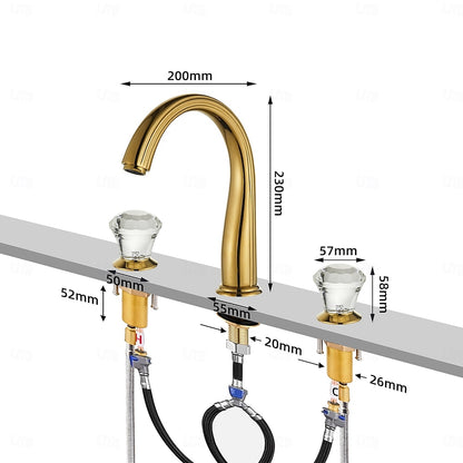 Polished Gold Modern Widespread Bathroom Faucet, 3-Hole Dual-Handle Sink Faucet with Crystal Knob Handles