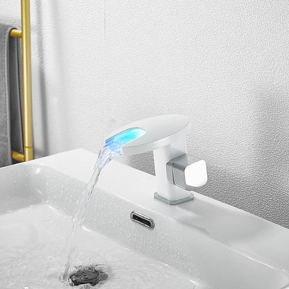 LED Waterfall Bathroom Faucet, Single-Handle Deck-Mount Faucet, Matte Black / Chrome / Polished Gold / Matte White