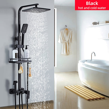 Matte Black Modern Wall-Mounted Shower System, Exposed Rainfall / Handheld Shower System with Bidet Sprayer / Storage Shelf