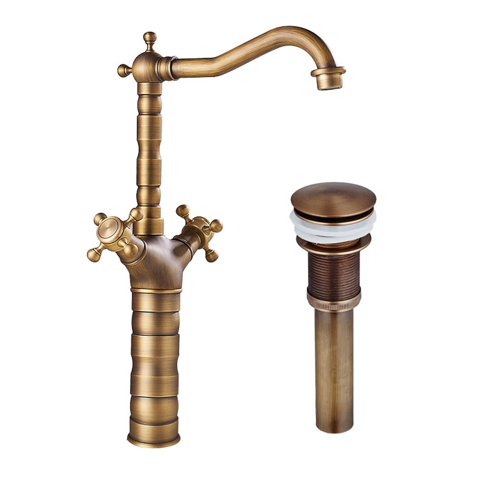 Antique Brass Vessel Sink Faucet, Traditional Double Handle Swivel Faucet with Pop-Up Drain