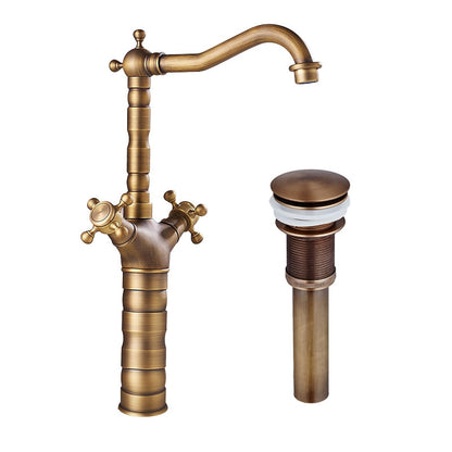 Antique Brass Vessel Sink Faucet, Traditional Double Handle Swivel Faucet with Pop-Up Drain