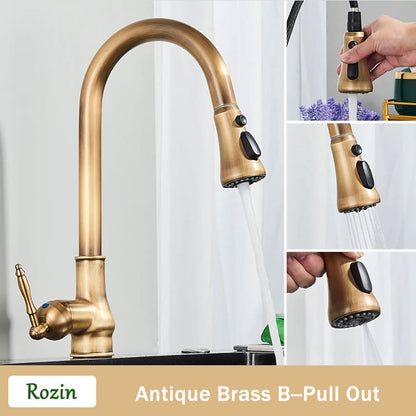 Antique Brass Retro Kitchen Faucet, Deck-Mount Single-Handle Pull-Out Faucet with Soap Dispenser / Pop-Up Drain