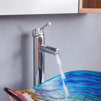 Modern Boat-Shape Tempered Glass Vessel Sink Faucet Combo, Vessel Sink Faucet Combo with Pop-Up Drain, Multi- / Gold / Bronze / Copper / Silver