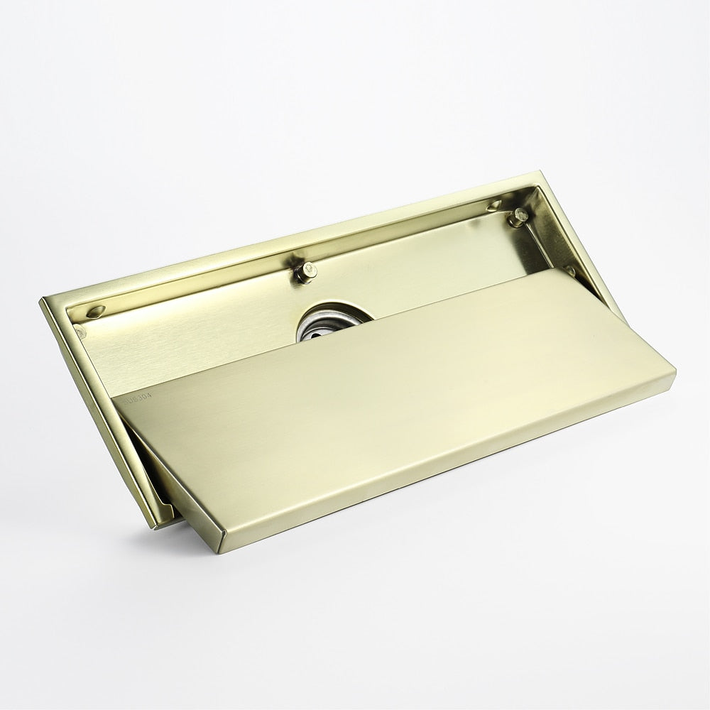 Brushed Gold Stainless Steel Floor Drain, Linear Tile Insert Drain with Hair Strainer
