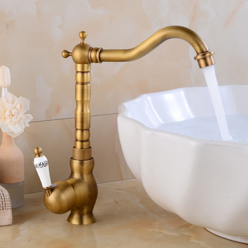 Retro High Arc Vessel Faucet, Single-Handle Brass Swivel Spout Faucet, Antique Brass / Chrome / Polished Gold