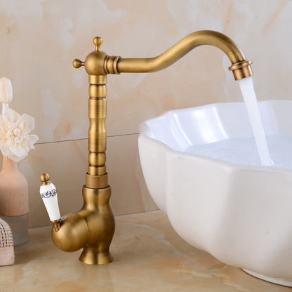 Retro High Arc Vessel Faucet, Single-Handle Brass Swivel Spout Faucet, Antique Brass / Chrome / Polished Gold