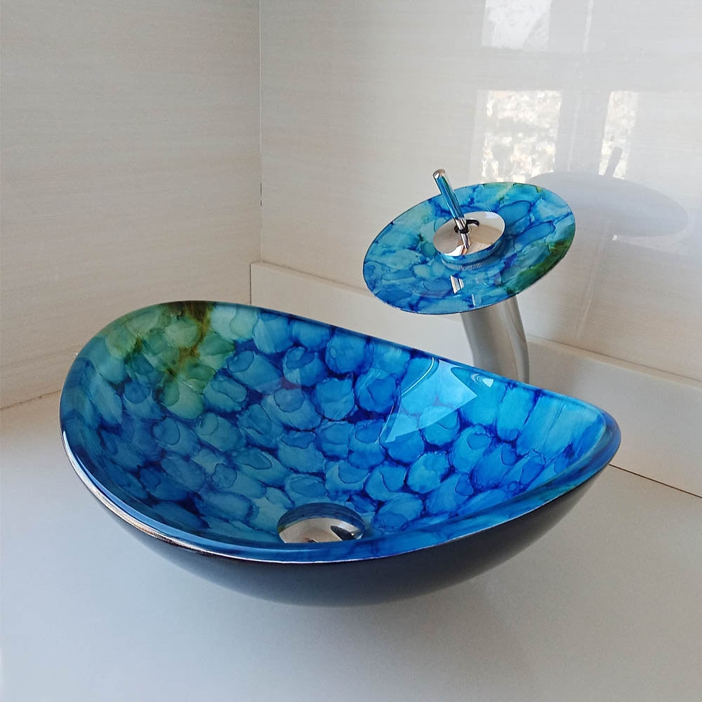 Blue Tempered Glass Vessel Sink Faucet Set, Chrome Waterfall Spout Faucet with Pop-Up Drain / Mounting Ring