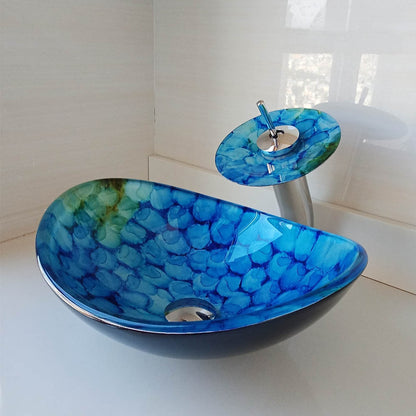 Blue Tempered Glass Vessel Sink Faucet Set, Chrome Waterfall Spout Faucet with Pop-Up Drain / Mounting Ring
