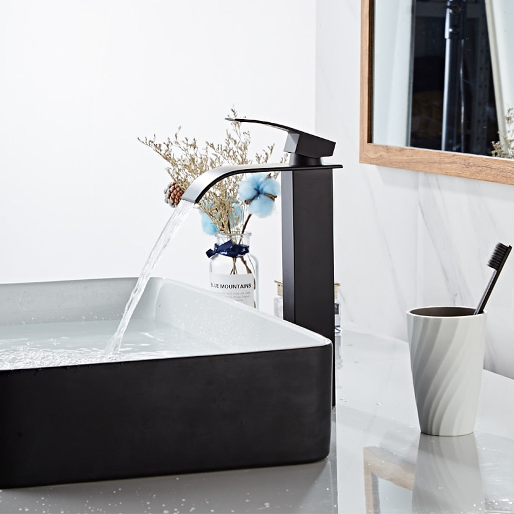 Waterfall Single-Hole Bathroom Faucet, Modern Single-Handle Vessel Sink Faucet, Matte Black / Polished Gold
